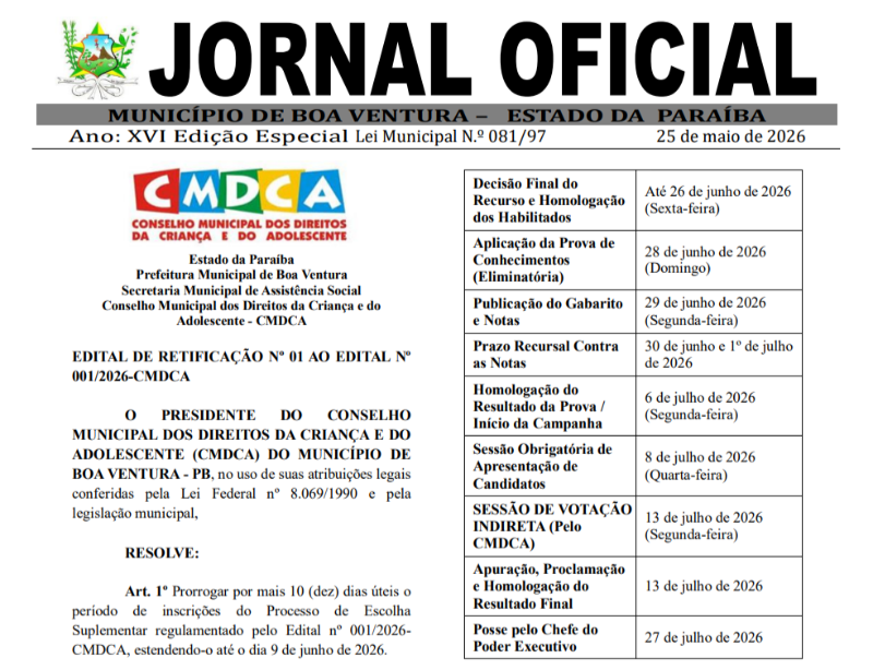 CMDCA de Boa Ventura publica retifica��o e prorroga inscri��es para Processo de Escolha Suplementar do Conselho Tutelar